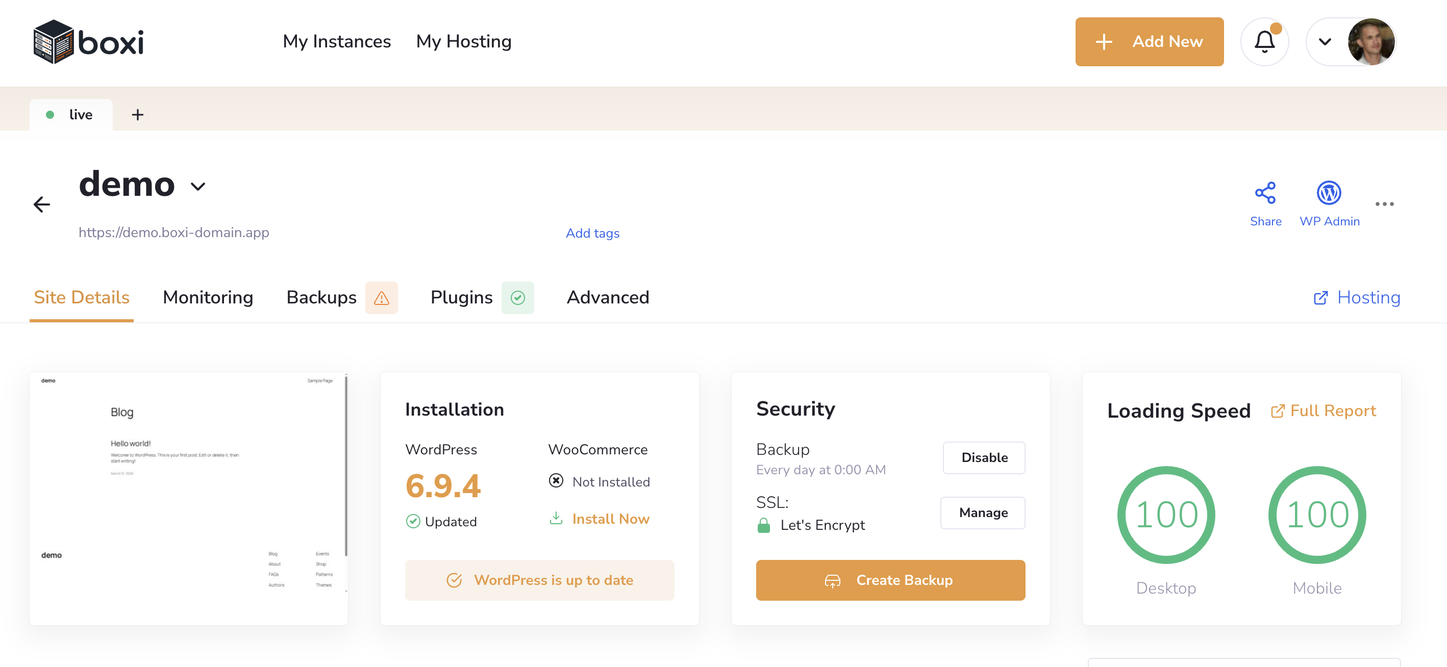 Boxi WordPress hosting dashboard